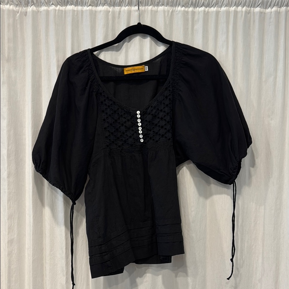 Robert freeyman Black Smocked Blouse with Buttoned V-Neckline